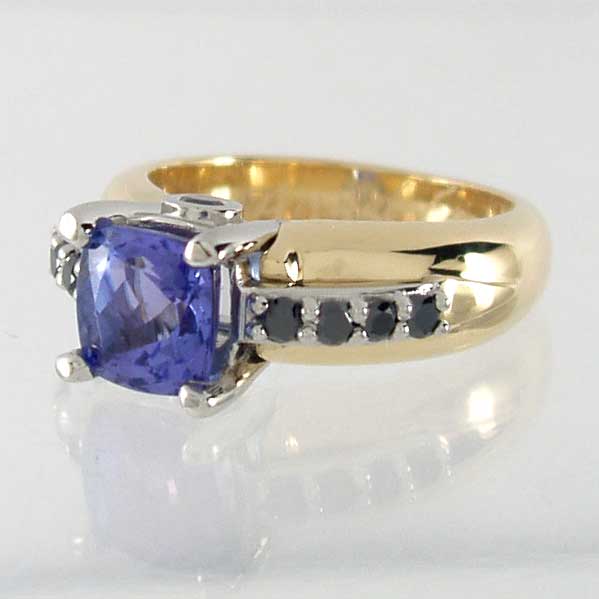 Black Diamond & Cushion Gemstone Engagement Ring in Gold